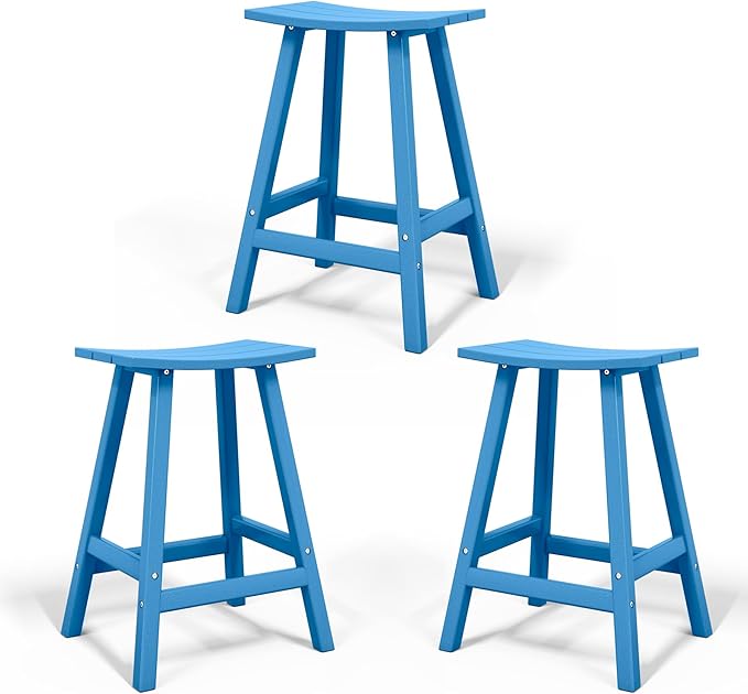 Costaelm All-Weather Bar Stools Set of 3, 24" Height Outdoor Bar Stools, Adirondack Poly Patio Bar Stool for Patio, Deck, Kitchen Counter and Garden, Pacific Blue