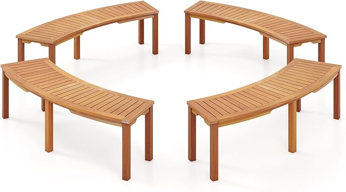Tangkula Outdoor Curved Bench, Acacia Wood Fire Pit Bench w/Slatted Seat, Patio Backless 2-Person Seating for Porch - Photo 1