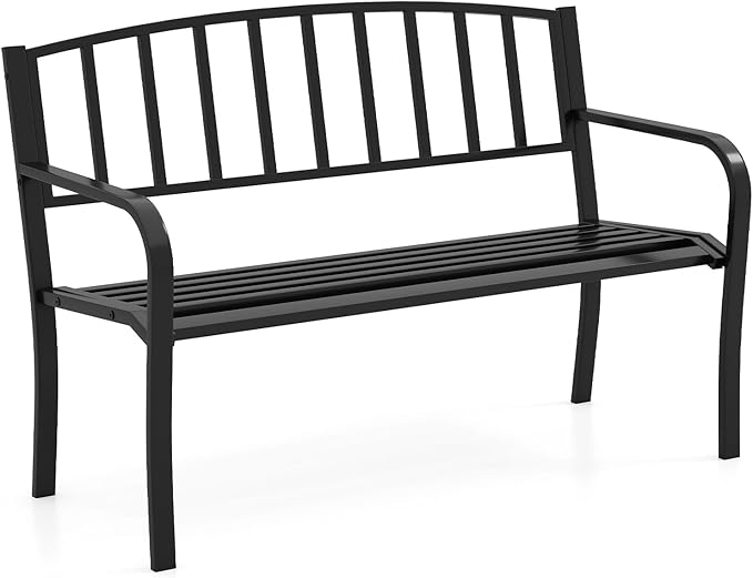 Tangkula Metal Outdoor Park Bench, 50 Inches Patio Garden Bench with Slatted Backrest and Curved Armrests, 2-3-Person Patio Bench, Outdoor Metal Loveseat Chair for Porch, Lawn, Yard and Park