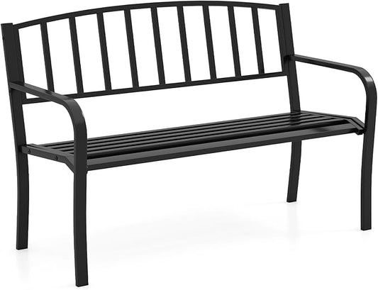 Tangkula Metal Outdoor Park Bench, 50 Inches Patio Garden Bench with Slatted Backrest and Curved Armrests, 2-3-Person Patio Bench, Outdoor Metal Loveseat Chair for Porch, Lawn, Yard and Park