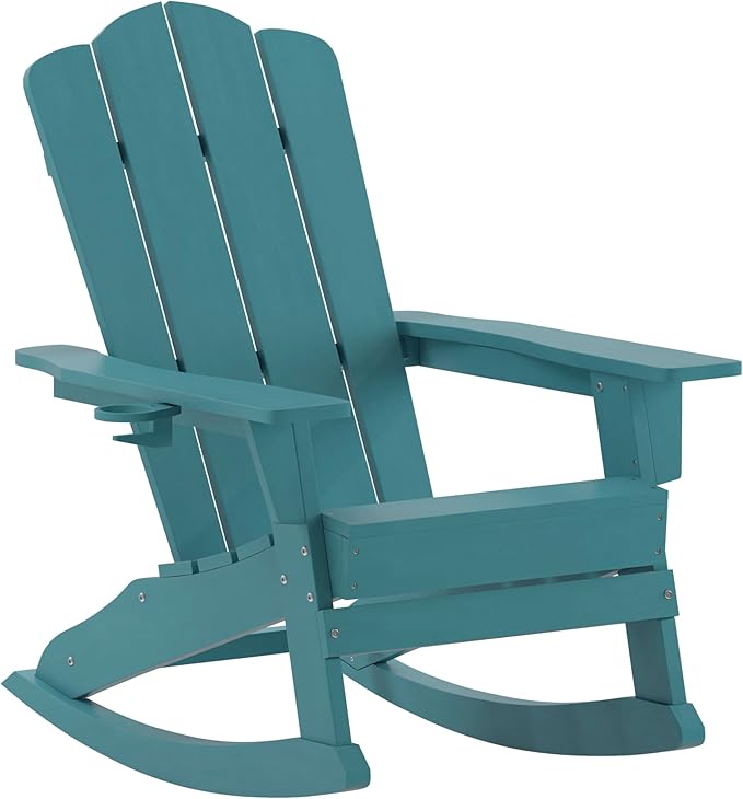 Taylor & Logan Nellis Adirondack Rocking Chair with Cup Holder, Weather Resistant HDPE Adirondack Rocking Chair in Blue