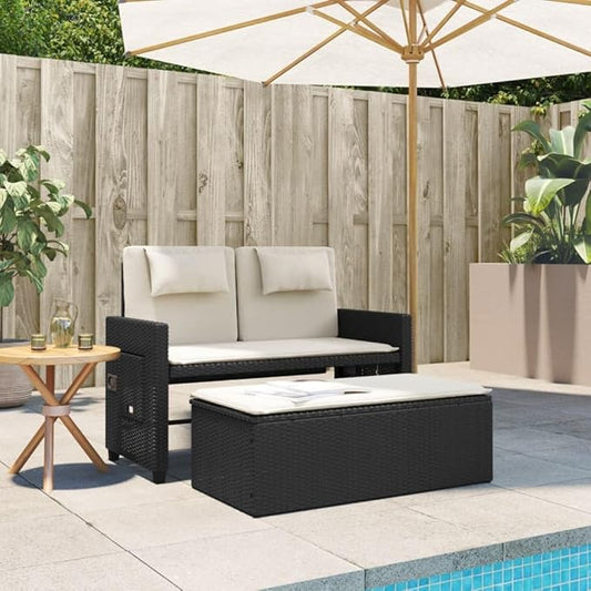 Reclining Patio Bench with Cushions Black Poly Rattan Garden Bench Deck Bench Porch Bench Outdoor Bench for patios, Gardens, Decks