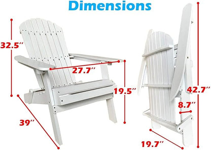 Adirondack Chair Folding Patio Chairs Outdoor Chairs Lawn Chair with Arms Solid Wooden Weather Resistant Lounge Chair Movable Outdoor Seating Accent Furniture for Adults Yard Garden, White