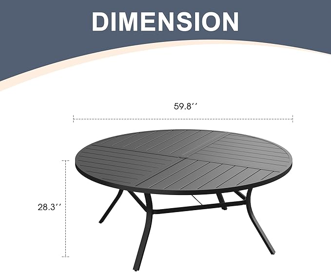 VICLLAX 60" Round Patio Dining Table for 8-10, All Weather Metal Outdoor Table with 1.57" Umbrella Hole and Surdy Frame for Garden Lawn Deck, Black
