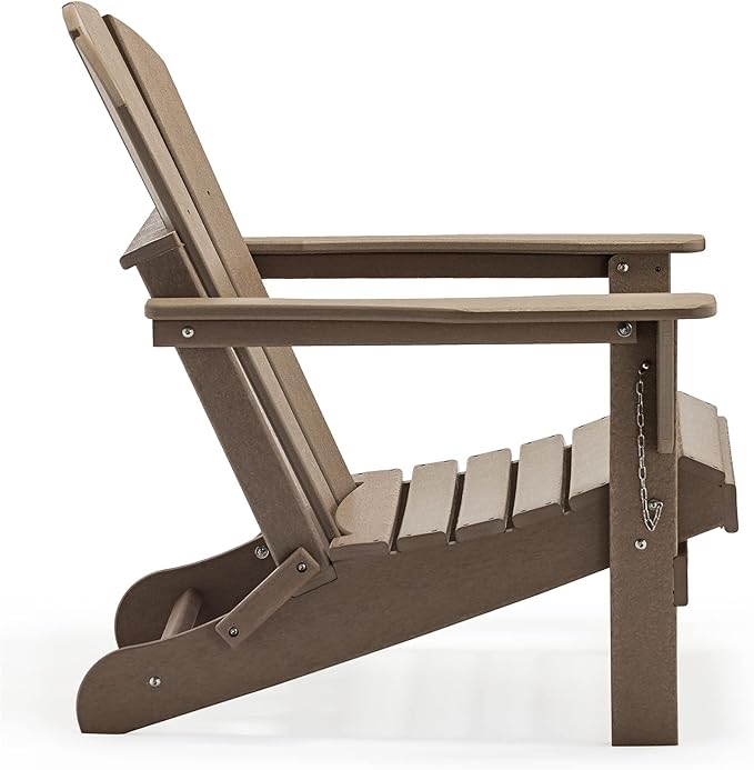 WO Home Furniture 3pc Set - HDPE Poly Adirondack Chair with Ottoman/Footrest and Square Side Table, All Weather and UV Resistant for Outdoor Patio Backyard, Garden, Weathered Wood