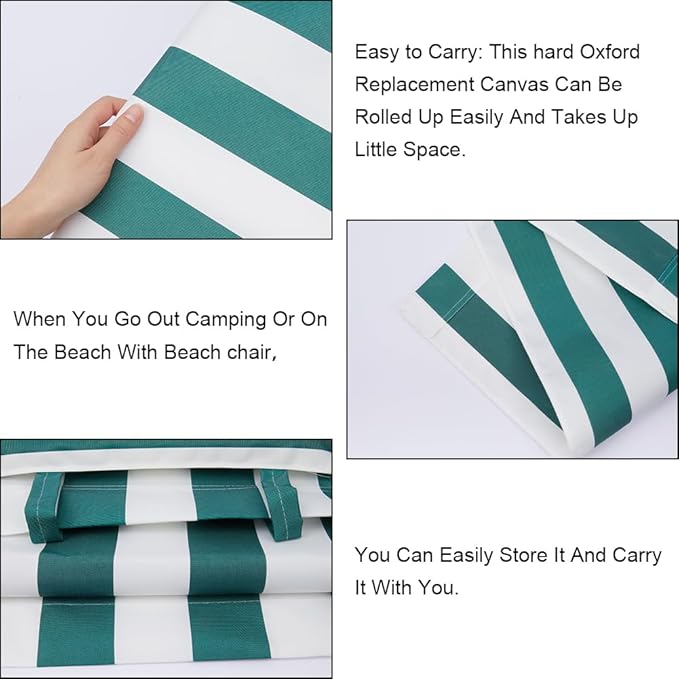 GORGECRAFT Beach Sling Chair Canvas Cloth with Pillow 44x17 Green and White Stripes Casual Lounge Chair Replacement Canvas Outdoor Folding Chair Fabric for Patio Beach Sunbathing Garden Courtyard