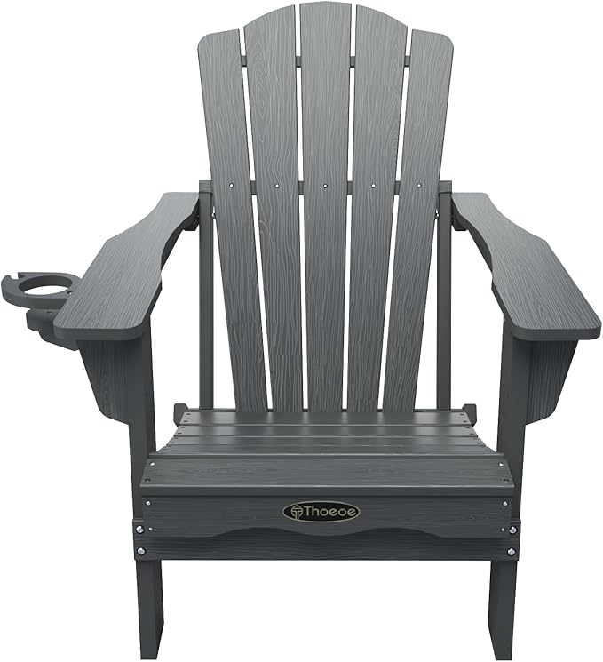 Folding Adirondack Chair, HDPE All-Weather Outdoor Chair with Cup Holder, Wooden Textured, Fire Pit Chair - Photo 8