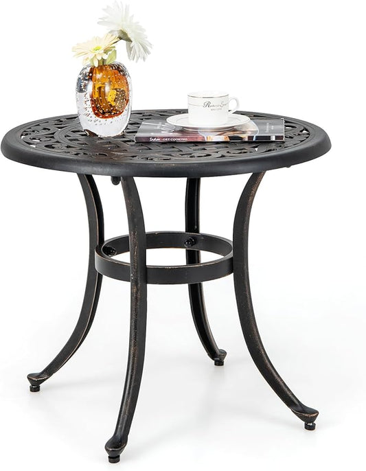 Tangkula 24 Inch Patio Side Table, Cast Aluminum End Table with Adjustable Footpads, Outdoor Small Coffee Table, Round Metal Patio Table for Poolside, Backyard, Balcony