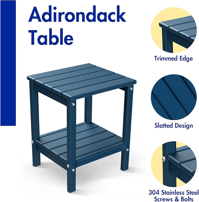 BRIOPAWS Adirondack Side Table, HDPE Weather Resistant Outdoor Table, 2-Shelf Plastic End Table for Poolside Indoor Outside Front Porch Living Room Patio Backyard Campfire, 14 x 13 inch, Blue