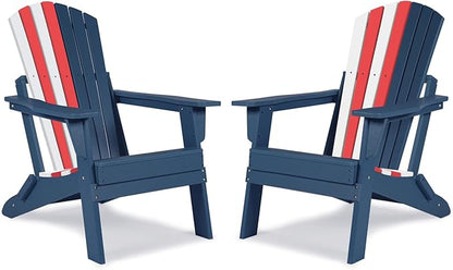 Aoodor Folding Adirondack Chair HDPE Outdoor All-Weather Chair for Patio, Garden, Backyard, Lawn, Fire Pit, Set of 2, Red&White&Blue