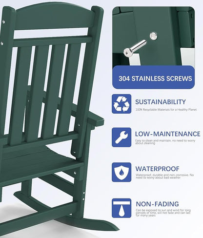 FOOWIN Outdoor Rocking Chair Set of 2, High Back Patio Rocking Chair, HDPE All Weather Resistant Porch Rocker for Adult, Oversized Rocking Chairs for Garden, Lawn, Indoor & Outdoor Use, Dark Green