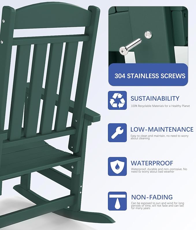 FOOWIN Outdoor Rocking Chair Set of 4, High Back Patio Rocking Chair, HDPE All Weather Resistant Porch Rocker for Adult, Oversized Rocking Chairs for Garden, Lawn, Indoor & Outdoor Use, Dark Green