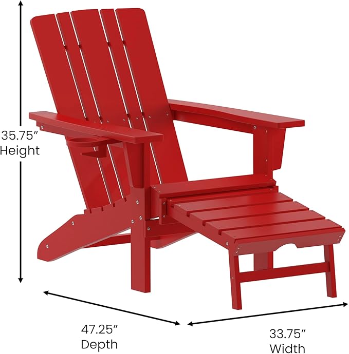 Flash Furniture Halifax Poly Resin Adirondack Chair with Cup Holder and Pull Out Ottoman, All-Weather Poly Resin Indoor/Outdoor Lounge Chair, Set of 2, Red