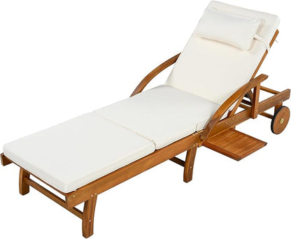 LUMISOL Acacia Wood Chaise Lounge Chair Set of 2, Patio Outdoor Chaise Lounge with Cushions, Adjustable Backrest, Leg Rest, Headrest, Retractable Side Tray for Patio, Pool, Garden, Beige