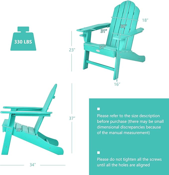 Tangkula Adirondack Chair Outdoor, Fade Resistant HDPE Armchairs with Cup Holder, Weather Resistant Lounger Chairs for Patio Garden Backyard Deck, Lawn Porch Seating, Adirondack Lounger (2, Turquoise)