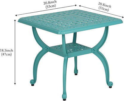 JARDIN DE CENTENNIAL Cast Aluminum Outdoor Side Table,Anti-Rust Outdoor End Table,Patio Coffee Bistro Table for Indoor,Garden,Porch,Balcony(Square Blue)