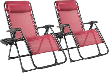Goplus Oversized Zero Gravity Chair, XL-Extended Version, Outdoor Recliner w/Cup Holder & Detachable Headrest, Foldable Mesh Lounge Chairs for Patio Pool Porch & Deck, 500LBS (Set of 2, Wine)