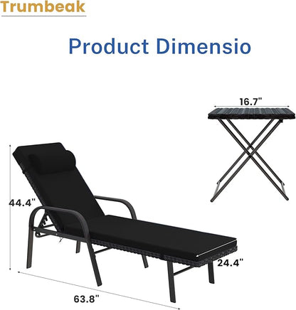 Patio Chaise Lounge Set 3 Pieces Pool Lounge Chairs,Cushioned Outdoor Folding Lounge Chair w/Arm and Rattan Adjustable Backrest for Poolside Porch,Folding Table Included,Black