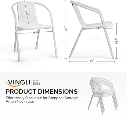 VINGLI PE Rattan Outdoor Dining Chairs Set of 4, Plastic Stackable Patio Chairs for Indoor, Porch, Restaurant, Garden, White