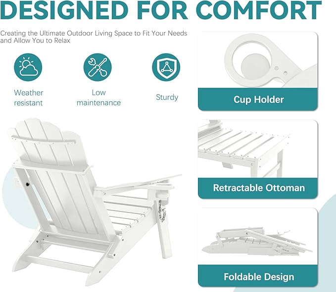 FOOWIN Adjustable Adirondack Chair with Retractable Ottoman Set of 4, Folding Adirondack Chair with Cup Holder, HDPE All-Weather Fire Pit Chair for Patio, Yard, Poolside, White