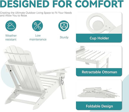 FOOWIN Adjustable Adirondack Chair with Retractable Ottoman Set of 2, Folding Adirondack Chair with Cup Holder, HDPE All-Weather Fire Pit Chair for Patio, Yard, Poolside, White