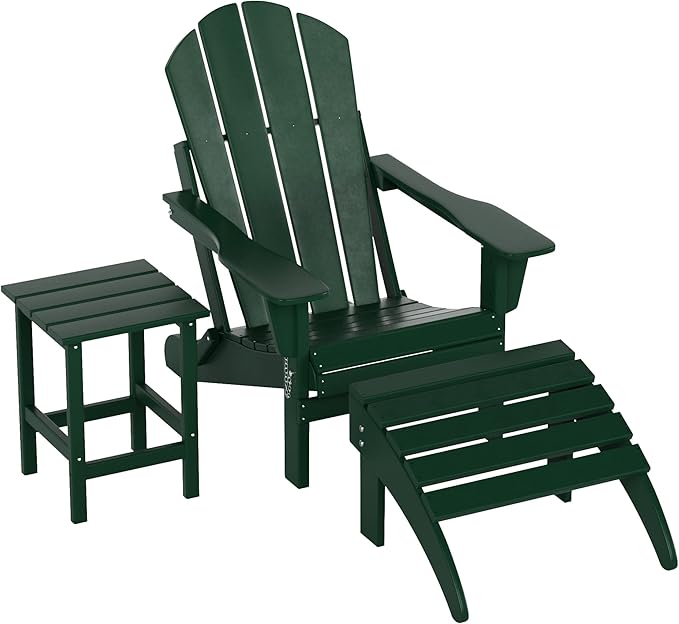 WO Home Furniture 3pc Set - HDPE Poly Adirondack Chair with Ottoman/Footrest and Square Side Table, All Weather and UV Resistant for Outdoor Patio Backyard, Garden, Dark Green