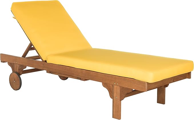 SAFAVIEH Outdoor Collection Newport Natural/ Yellow Cushion Built-in Side Table Adjustable Chaise Lounge Chair