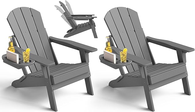 Adjustable Adirondack Chair Set of 2 with Cup Holder, All Weather HDPE Fire Pit Chairs for Deck, Backyard, Patio, Grey