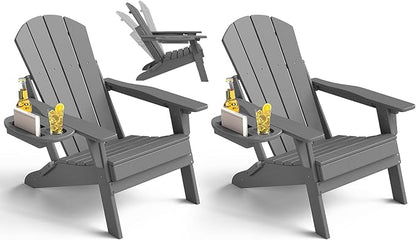 Adjustable Adirondack Chair Set of 2 with Cup Holder, All Weather HDPE Fire Pit Chairs for Deck, Backyard, Patio, Grey