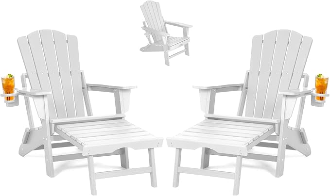 Folding Adirondack Chair with Retractable Ottoman Set of 2, All Weather Fire Pit Chairs with Cup Holder, Outdoor Chair with Ottoman,White