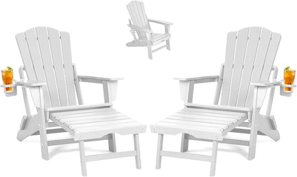 Folding Adirondack Chair with Retractable Ottoman Set of 2, All Weather Fire Pit Chairs with Cup Holder, Outdoor Chair with Ottoman,White
