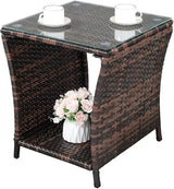 Patio Rattan Side Table - Outdoor Wicker End Square Table, Coffee with Storage Glass Top, Bistro for Poolside Porch - Photo 5