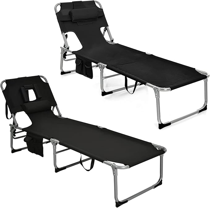 Goplus Tanning Chair, Folding Beach Lounge Chair with Face &Arm Hole, 5-Position Adjustable, Removable Pillow - Photo 1