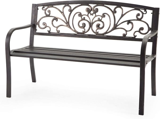 Curved Metal Garden Bench with Heart Pattern in Black Antique Bronze Finish