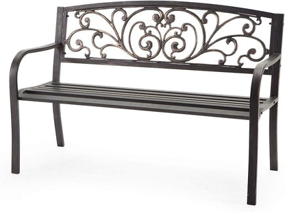 Curved Metal Garden Bench with Heart Pattern in Black Antique Bronze Finish