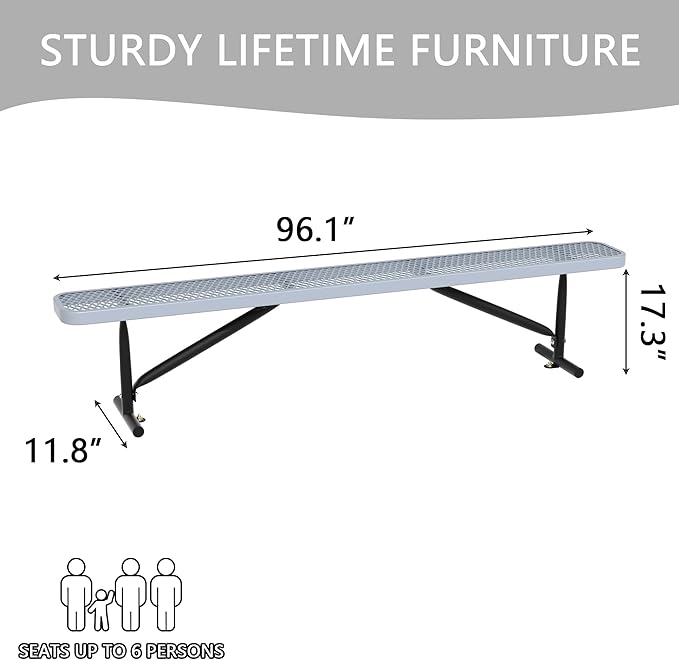 8FT Metal Park Bench for Outside, All-Weather Thermoplastic Coating Outdoor Bench with Anchor, Commercial Heavy Duty Benches for Shopping Malls, Stores, Parks, Patios, Decks, Grey