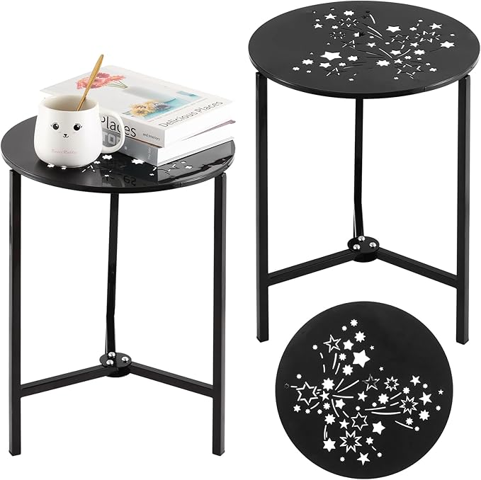 Party Zealot Set of 2 Small Round Metal Side Tables 13 Inches Black Outdoor End Tables for Patio, Balcony - Photo 1
