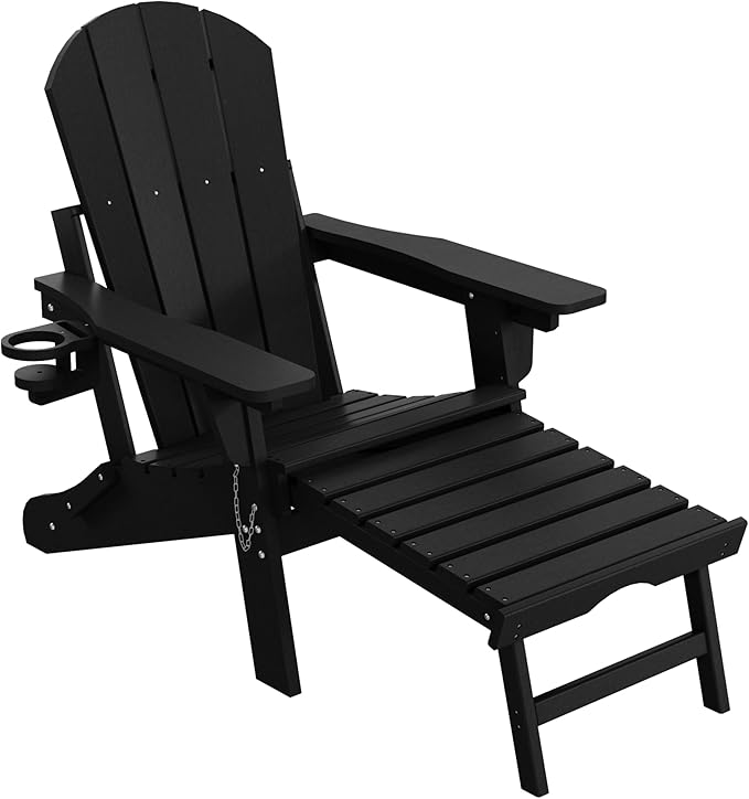 WestinTrends Malibu Folding Adjustable Adirondack Chair with Retractable Ottoman and Cup Holder (Set of 2), Black