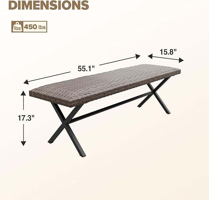 COOS BAY Echo Vibe Outdoor Bench Weatherproof, Wicker Patio Bench, Patio Dining Furniture Set, Brown