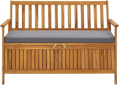 Storage Bench Dark Grey seat Cushion, Natural Wood Garden Seating Outdoor Furniture for Outdoor Garden