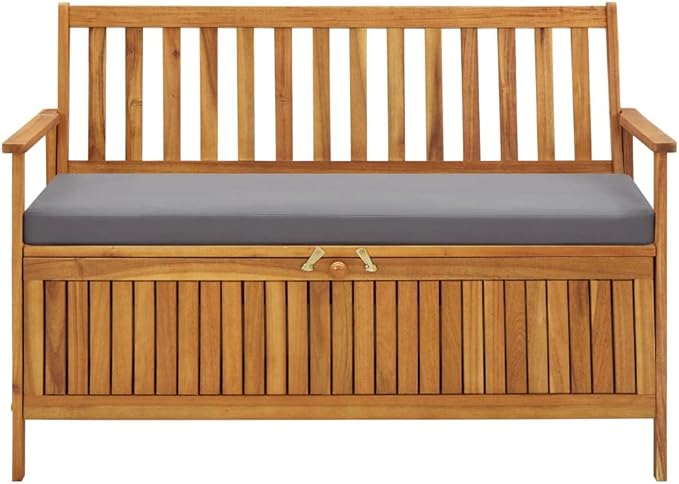 Rustic Solid Acacia Wood Storage Bench with Dark Grey Seat Cushion and Natural Wood Finish for Indoor Outdoor Use, Durable Construction and Comfortable Seating