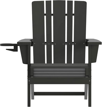 Flash Furniture Halifax Adirondack Chairs with Cup Holders, Weather Resistant Poly Resin Adirondack Chairs, Set of 4, Black