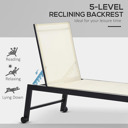Outsunny Outdoor Chaise Lounge with Wheels, Five Position Recliner for Sunbathing, Suntanning, Steel Frame, Breathable Fabric for Beach, Yard, Patio, Cream White