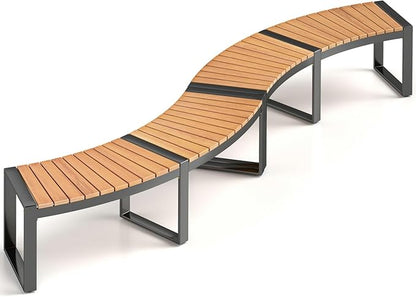 Moccha Outdoor Curved Bench, Acacia Wood Fire Pit Bench w/Slatted Seat, Metal Frame, Loveseat, Outside Chair, Patio Backless 2-Person Seating for Yard Deck Porch 800 LBS Max Load, Oil Painted (2)