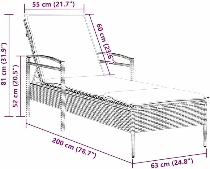 Modern Sun Lounger 1-Person Brown Poly Rattan Adjustable Reclining Outdoor Chaise Lounge with Weather-Resistant Cushion, Steel Frame Support, Easy Assembly for Patio Garden