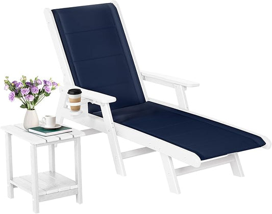 Outdoor Chaise Lounge Chair with Table, 5-Position Adjustable Patio Lounge Chair with Wheels & Cup Holder, HDPE Pool Lounge Chair for Outside, Poolside & Beach (Dark Blue+White)