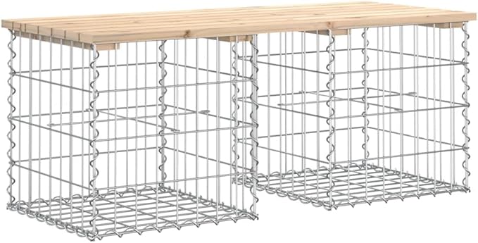 Outdoor Patio Bench Gabion Design 40.6 Inch Rustic Solid Pine Wood Garden Seat with Sturdy Steel Basket Base for Backyard, Deck, Porch