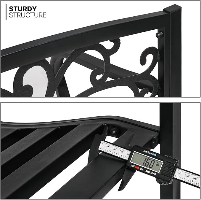 MoNiBloom Metal Bench Patio Benches for Outdoors, Iron Frame Antique Finish Park Bench with Armrests Lawn Porch Entryway Path Yard Decor Deck Furniture for 2-3 Adults Seat, Black