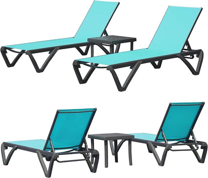 Outdoor Chaise Lounge 3 Pieces Aluminum Patio Lounge Chair with 5 Adjustable Position Recliner Chair Outside Tanning Chairs for Patio, Beach, Yard, Pool, Side Table Included (Lake Blue)