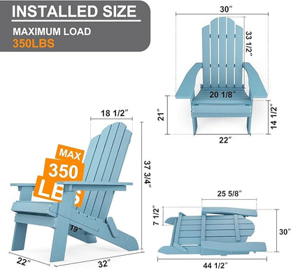 MXIMU Folding Adirondack Chair Set of 2 Weather Resistant Fire Pit Chairs Easy Assemble HIPS Plastic Outdoor Modern Adirondack Chairs for Patio, Lawn, Garden, Backyard, Deck(Blue)